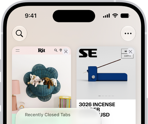 Previews of open tabs are visible on the screen. At the bottom left of the screen, the New Tab button is selected, revealing a list of recently closed tabs.