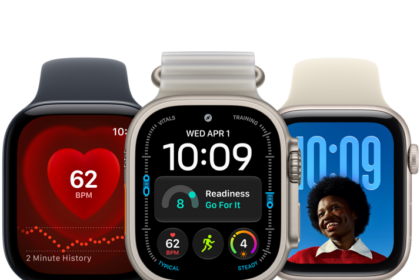 From left to right, an Apple Watch showing the Heart Rate app, an Apple Watch Ultra showing the Modular Ultra watch face, and an Apple Watch showing the Photos watch face.