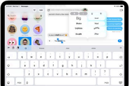 A Messages conversation with a word selected in the text field, and formatting and effects options shown above it. The selected text appears with a preview of the effect.