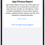 An App Privacy Report listing information about apps for the category Data & Sensor Access, and information about apps for the category App Network Activity.