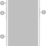 The front view of iPhone 15 Plus. The front camera is at the top center. The side button is on the right side. The USB-C connector is on the bottom. On the left side, from bottom to top, are the SIM tray, the volume buttons, and the Ring/Silent switch.