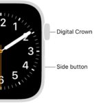 The front of Apple Watch, with the Digital Crown shown at the top on the right side of the watch and the side button shown at the bottom right.