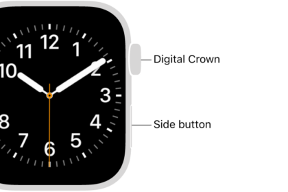 The front of Apple Watch, with the Digital Crown shown at the top on the right side of the watch and the side button shown at the bottom right.
