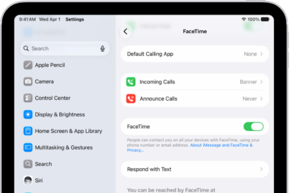 The FaceTime Settings screen, showing the Default Calling App option, the control to turn FaceTime on or off, and the Apple Account that is being used for FaceTime.