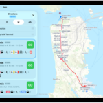 A map showing a transit route. A route card on the left shows Go buttons for several options for the route.