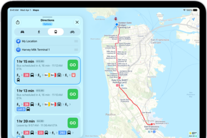 A map showing a transit route. A route card on the left shows Go buttons for several options for the route.