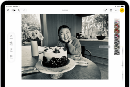 The Edit screen in the Photos app with a photo in the center. On the left side of the screen are the Adjust, Filters, and Crop buttons; Filters is selected. On the right side of the screen are the filter options and a slider to adjust the level of the filter effect.