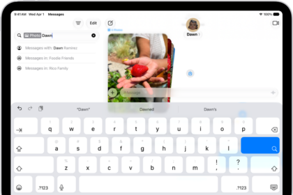 The search field in the Messages app. The search field contains a tag limiting the search to photos sent by one person and a search term.