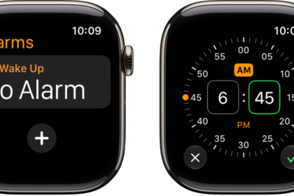 Two watch screens showing the process for adding an alarm: Tap Add Alarm, tap AM or PM, turn Digital Crown to adjust the time, then tap the check button.