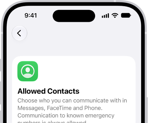 The Allowed Contacts screen in Screen Time showing communication allowed during Screen Time and when devices are paused.