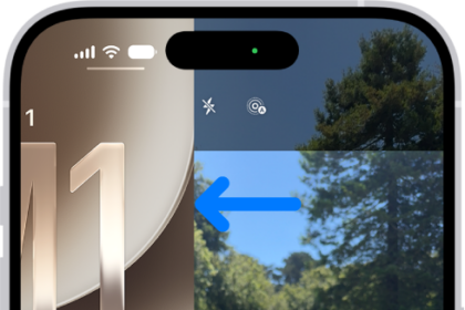 The iPhone screen showing the Lock Screen sliding to the left and the Camera open on the right side of the screen.