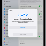The Import Browsing Data screen, showing the data from another browser to be imported into Safari.