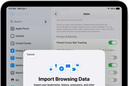 The Import Browsing Data screen, showing the data from another browser to be imported into Safari.