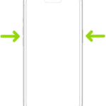 An outline of an iPhone with arrows pointing to the side button and either volume button.
