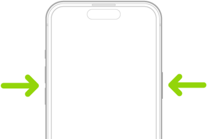 An outline of an iPhone with arrows pointing to the side button and either volume button.