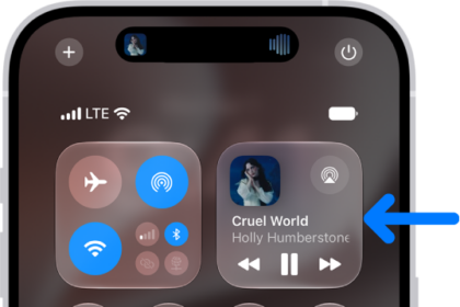 The iPhone Control Center showing an arrow pointing to the audio card where you can control music from the Lock Screen or when using another app.