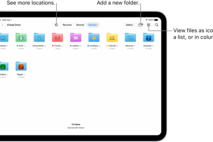 The Files app displaying multiple folders and locations named Downloads, Letters, Family, and so on. At the bottom of the screen are buttons for Recent files, Shared files, and the Browse tab.