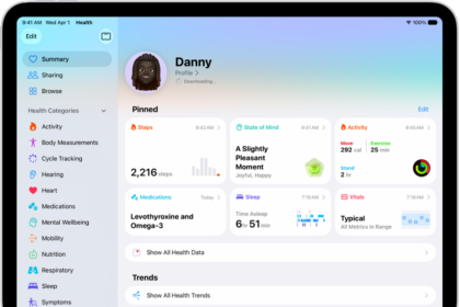 The Summary screen in Health. Information about steps, state of mind, activity, medications, sleep, and vitals appears below Pinned.