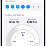 The edit your sleep schedule screen in Health, with a Days Active section and a Bedtime and Wake Up clock.