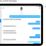 A Messages conversation list on the left and a conversation transcript on the right. An unread messages is marked with a blue dot.