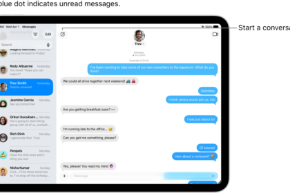 A Messages conversation list on the left and a conversation transcript on the right. An unread messages is marked with a blue dot.