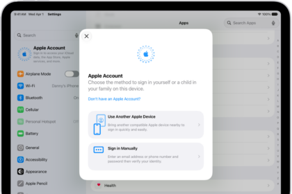 The Settings app, with the Apple Account sign-in dialog in the middle of the screen.