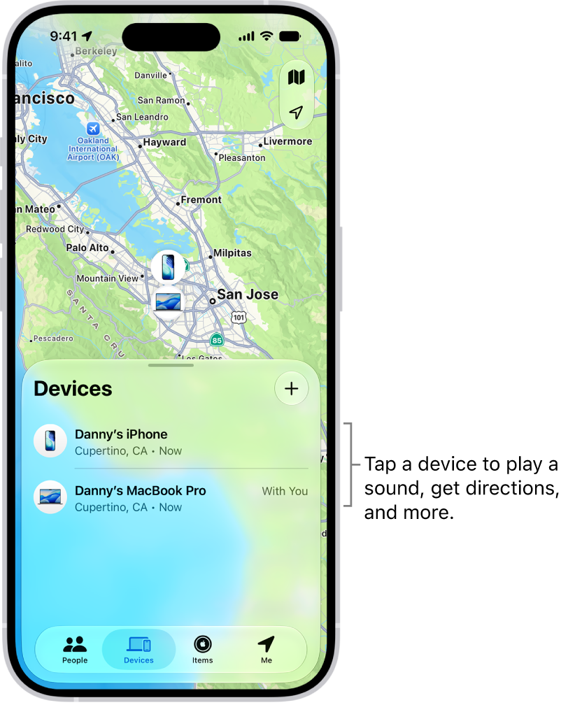 The Find My screen open to the Devices list. There are two devices in the Devices list: Danny's iPhone and Danny's iPad. Their locations are shown on a map.