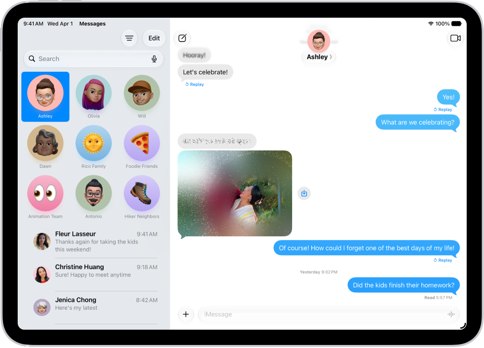 A conversation in Messages including a text message and a photo sent with the Invisible Ink effect.