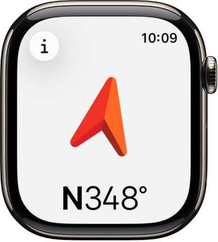 The Compass app showing a large arrow pointing in the direction of the heading that appears below. The Info button is at the top left.
