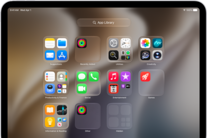 App Library on iPad showing the apps organized by category (Entertainment, Productivity & Finance, and so on).