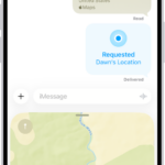 A Messages conversation with a dropped pin, a location request, and a location about to be sent.