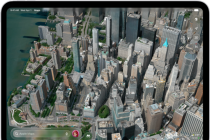 A 3D map in the Maps app, showing a city.