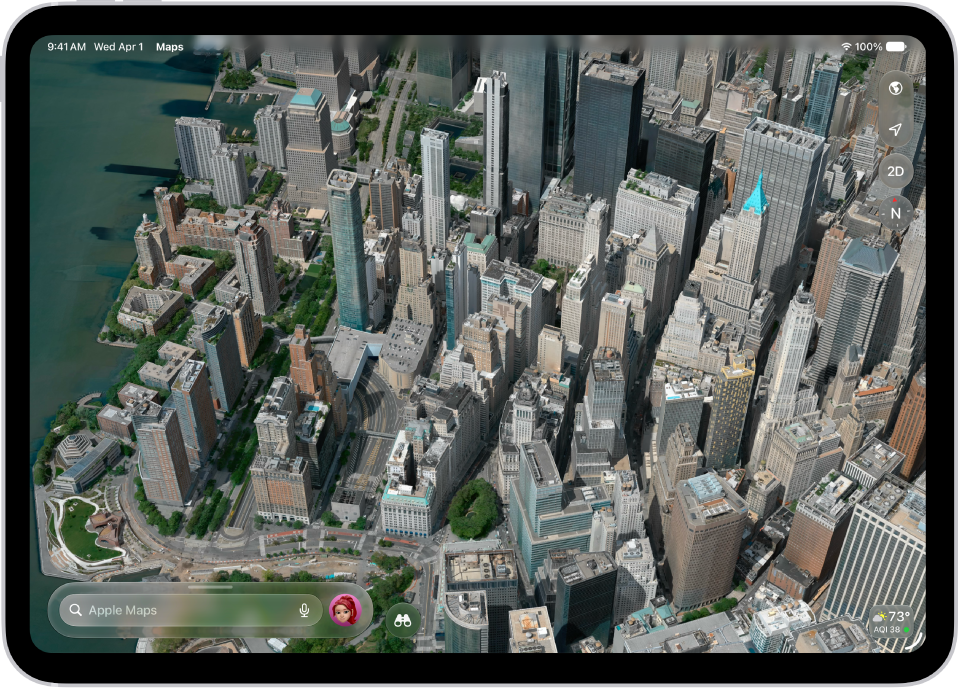 A 3D map in the Maps app, showing a city.