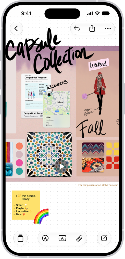 An iPhone with the Freeform app open, showing a sticky note with feedback from another person.