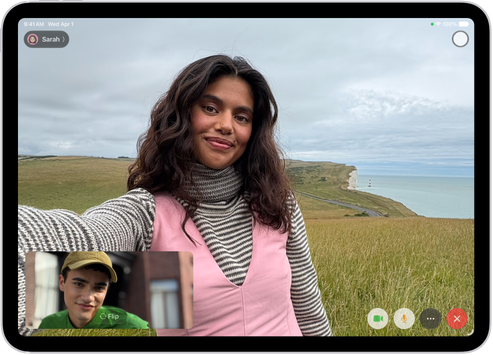 A FaceTime video call in progress, showing one participant at the bottom left. An image of three other participants fills the rest of the screen. At the bottom right are the Camera, Microphone, More, and End Call buttons.