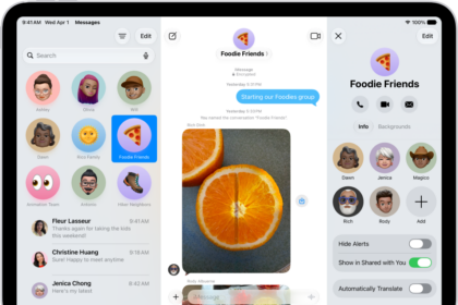 A group conversation in Messages on iPad. On the left, a pinned conversation is selected in a list of conversations. On the right, there is a conversation transcript that includes shared files.