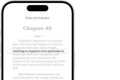 A page of a book in the Books app. A single line of text is highlighted and the rest of the text is dimmed. In the bottom-left corner of the screen is the Line Guide Menu button.