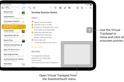 An iPad with a virtual trackpad displayed in the corner of the screen. Also on the screen are the AssistiveTouch menu (which is used to open the trackpad) and the pointer (which is controlled by the trackpad).