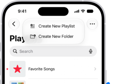 The Library tab showing the list of playlists. At the top are buttons to create a new playlist or create a new folder. A blue arrow is pointing to a playlist folder named Roadtrips.