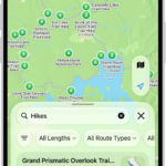 The Maps app showing results matching a search for hikes in a national park.