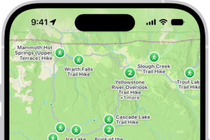 The Maps app showing results matching a search for hikes in a national park.