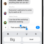 A Messages conversation with a new message selected in the text field, and formatting and effects options shown below it. The selected text appears with a preview of the effect.