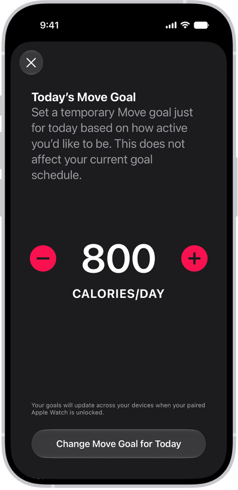 The Fitness Move Goal Schedule screen showing buttons to increase or decrease the Move goal by the day of the week.