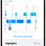 The Sleep screen in Health showing the estimated time spent awake and in REM, Core, and Deep sleep.
