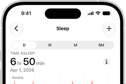 The Sleep screen in Health showing the estimated time spent awake and in REM, Core, and Deep sleep.