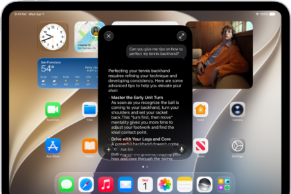 An iPad showing Siri answering a request about how to improve a tennis backhand.