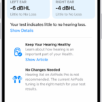 Hearing Test results on iPhone, showing little to no hearing loss in both ears. At the bottom are options to tap Done or set up Hearing Aid.