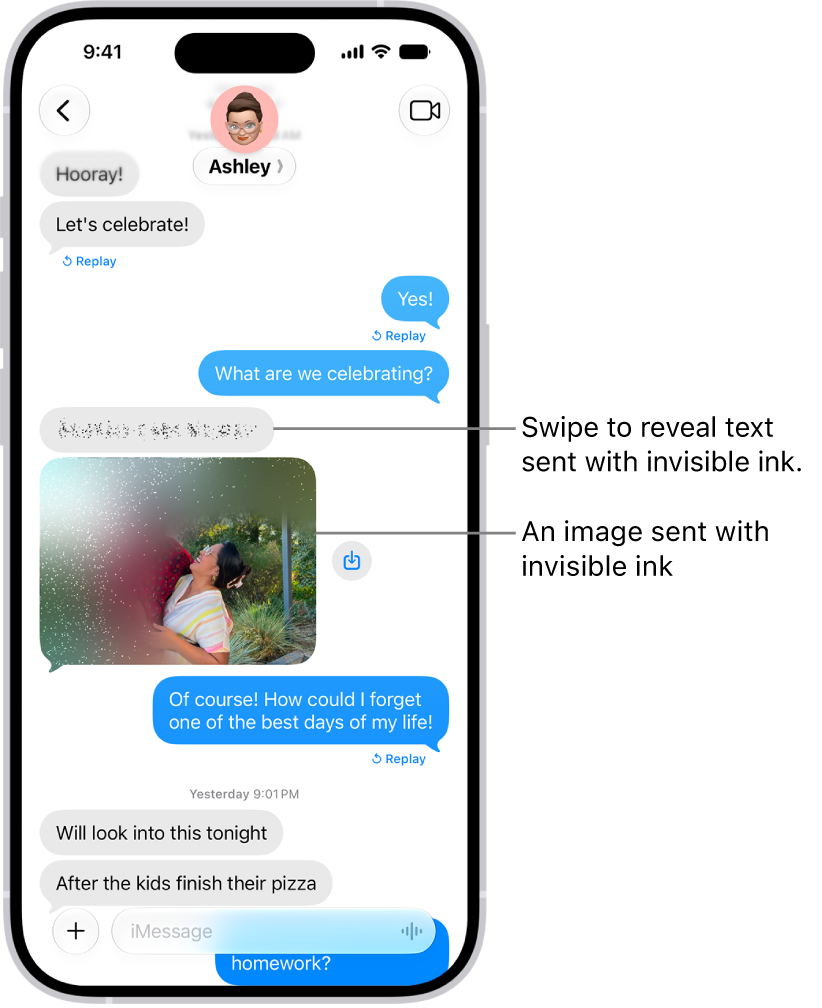 A conversation in Messages including a text message and a photo sent with the Invisible Ink effect.