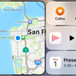 A CarPlay Dashboard showing Maps, Music, and Messages in the Sidebar. On the right is a map of San Francisco, navigation buttons, a now playing window, and a calendar entry.