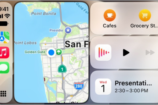 A CarPlay Dashboard showing Maps, Music, and Messages in the Sidebar. On the right is a map of San Francisco, navigation buttons, a now playing window, and a calendar entry.